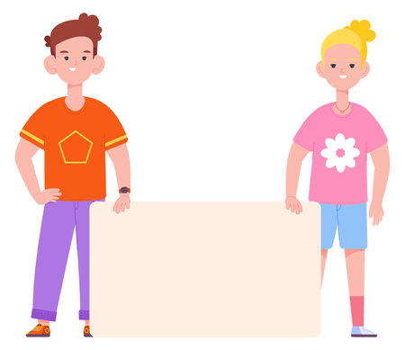 Children hold empty banner. Happy boy and girlのイラスト素材