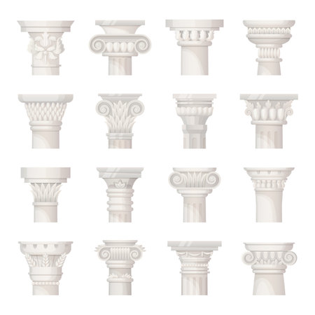 Top of column. Corinthian doric greek rome capital pillars, columns of indian temple or antique castle classic architecture marble pillars railing set ingenious vector illustrationのイラスト素材