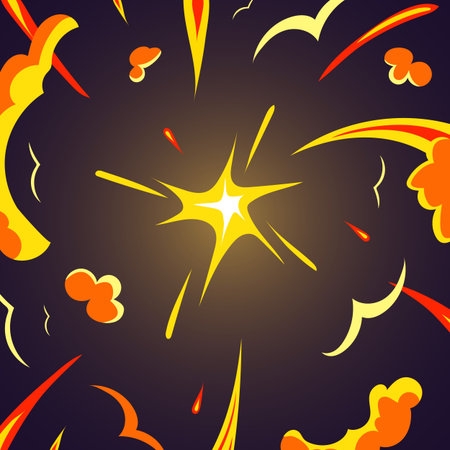 Comic war boom. Cartoon creative burst fire effect, bang bam paw impact explosion light with smoke, dynamite bomb flame blast game animation abstract background vector illustrationのイラスト素材