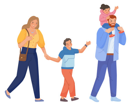 Happy family walking. Father carrying daughter. Smiling mother and sonのイラスト素材