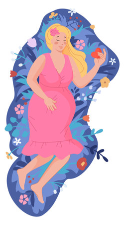 Sleeping pregnant woman with heart in hand. Floral compositionのイラスト素材