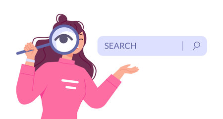 Woman website searching. Girl use magnifier for web surfing internet data research, online search on computer window browser page find seo information concept vector illustrationのイラスト素材