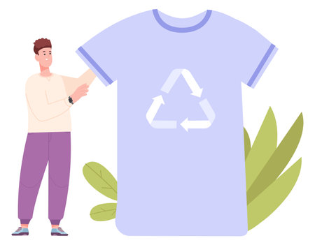 Man choosing natural recycling t-shirt. Eco shoppingのイラスト素材
