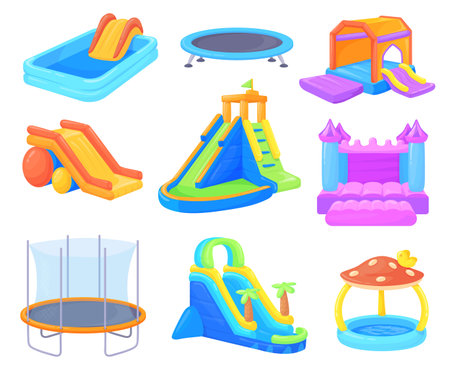 Inflatable playgrounds. Bouncy slides and inflated castles for birthday friends air attraction park, rubber toys house or pool child jumping bouncer game, neat vector illustrationのイラスト素材