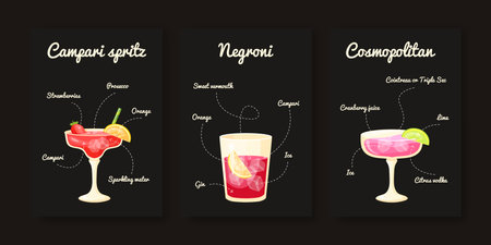 Cocktail recipe posters.spritz cosmopolitan negroni cocktails ingredients recipes handwritten card for bar pub menu, alcohol drink summer collection vector illustrationのイラスト素材