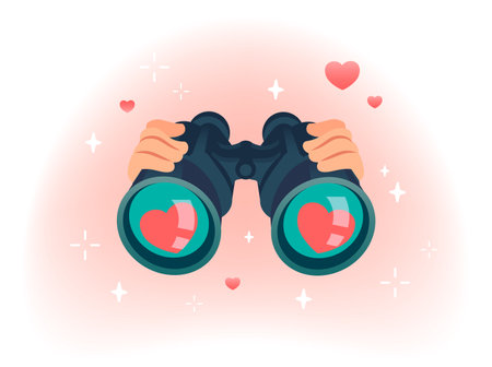 Binocular search love. Man hands holding binoculars glasses and looking loving girl or guy through them, searching heart couple dating banner concept, cartoon vector illustrationのイラスト素材