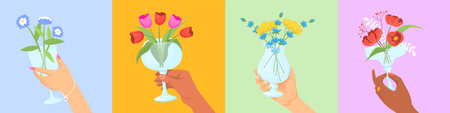 Hands hold flower cocktails. Drink beverage party, men or women handing wine glasses with aroma spring flowers on stem for romantic interior, cheers celebration vector illustrationのイラスト素材