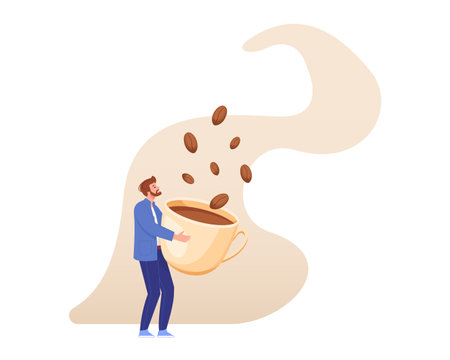 Huge coffee cup. Overworked business man hugging mug with caffeine energy beans, cafe break or breakfast americano drink addict having hangover, tiny barista vector illustrationのイラスト素材