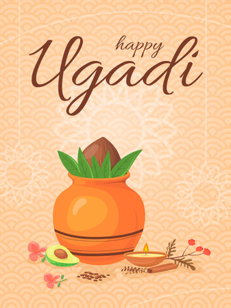 Ugadi. Indian state religion holiday, gudi padwa festival celebration happy ugadi greeting card with rangoli flower kalash pot hindu pooja food, karnataka india vector illustrationのイラスト素材