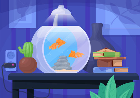 Indoor aquarium. Cartoon room interior with fish pet tank under lamp on table, acquariam drawer for small sea fishes, lighting furniture house decoration, neat vector illustrationのイラスト素材