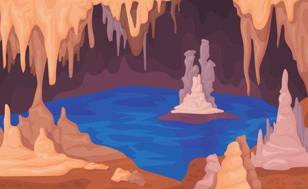 Stalagmite cave. Dark cavern inside cartoon background with stalagmites stalactites, natural limestone ceiling and floor underground stone scary caves game neat vector illustrationのイラスト素材