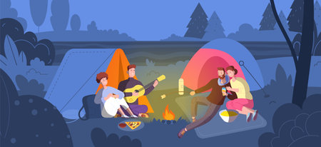 People at night campfire. Couple friends roast marshmallow on bonfire in forest, evening campground outdoor party picnic nature, story song around fire splendid vector illustrationのイラスト素材