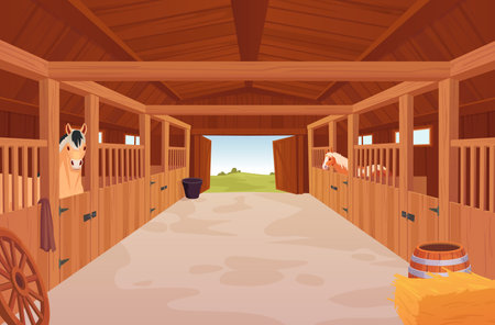 Horses stable. Cartoon barn inside interior, shed with wooden enclosures for purebred racing horse or livestock, indoor farmhouse ranch background, ingenious vector illustrationのイラスト素材