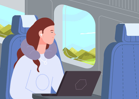 Sleep in plane. Napping woman with headphones and neck pillow sleeping indoor airplane, nap female passenger sitting on seat of travel airline in air flight, vector illustrationのイラスト素材