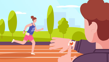 Runner coach. Running woman on stadium track, trainer checking run time in stopwatch, female athlete sprint or marathon, athletic exercise or workout training, vector illustrationのイラスト素材