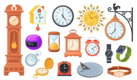 Mechanical and electronic clocks. Cartoon various clock, watch type evolution quartz wristwatch or old analog timepieceのイラスト素材