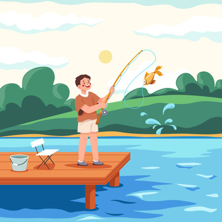 Kid fisherman. Children fishing in pond river pier, cute fishingboy catch little caught fish water stream cartoon child fisher reel rod summer landscape recent vector illustrationのイラスト素材