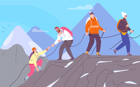 Climbers group. Backpacker team climb to mountain top summit, teamwork helping mountaining expedition risk challenge trekking, hiker lifestyle concept splendid vector illustrationのイラスト素材