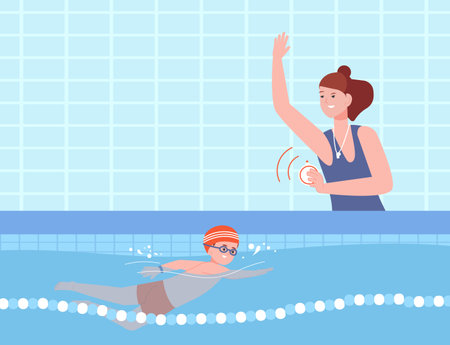 Swimming coach. Professional swim instructor with stopwatch poolside, child swimmer sportsman training in pool for competition, lesson of woman swimmers teacher vector illustrationのイラスト素材