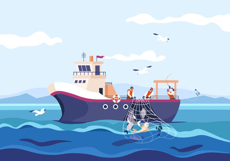 Fisherman work boat. Industry professional fishing, cartoon sailors with fisher net sea ship, commercial fishery marine vessel, fishermen job lake ocean, recent vector illustrationのイラスト素材