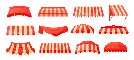Store canopies. Red storefront canopy or striped awnings outdoor shop, sunshade sheltered market rain tent for roof restaurant window umbrella summer cafe, neat vector illustrationのイラスト素材