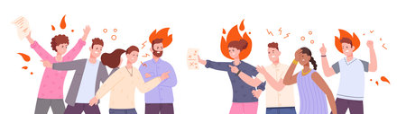 Group dispute. Conflict two team of shout office workers or student opponents debate, anger argument arguing fighting business discussion, disagreement opinion vector illustrationのイラスト素材