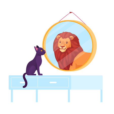 Cat looking mirror. Conceited kitten look on herself lion in reflection, fun cartoon small kitty vain narcissistic ego conceit concept, mirroring reflect vector illustrationのイラスト素材