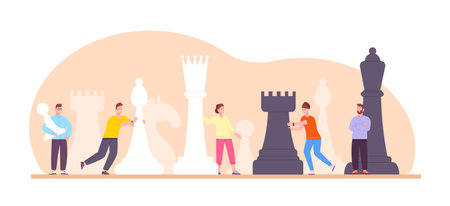 Tiny people play chess. Strategic advantage in business management, teamwork tactical game woman manager man leader move black or white chessman pawn, splendid vector illustrationのイラスト素材