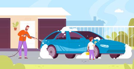 Father washing car. Dad and son wash dirt automobile in house yard, kid with bucket sponge helping parent, child cleaner chores, man washes cars at home cartoon vector illustrationのイラスト素材