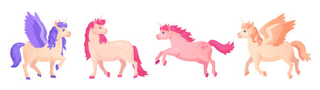 Cartoon pegasus. Funny winged unicorn, chubby pony magical horse wings, cute flying horses pink begasus for little princess, magic children character ingenious vector illustrationのイラスト素材