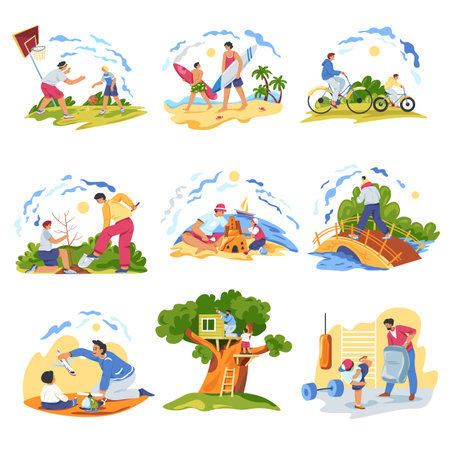Father time with son. Parent dad enjoy recreation with kid boy, playing plane toy or sport basketball game, build tree house daddy happy fatherhood, set recent vector illustrationのイラスト素材