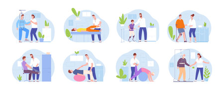 Physiotherapy rehabilitation. Injury recovery for knee trauma or orthopedic illness rehab, nurse care disabled people on wheelchair in prehab center, splendid vector illustrationのイラスト素材