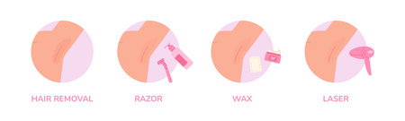 Armpits care. Underarm depilation, arm hair removal with shaving wax laser ipl epilation for sensual body skin, clean or haired armpit of girl, beauty cosmetic vector illustrationのイラスト素材