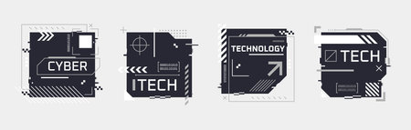 Hi-tech notes. Cyberpunk sci-fi technology concept poster, scifi abstract geometric frame box for...