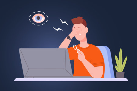 Man with dry eyes. Tired businessman at laptop suffer pain in sick hurt eye from computer, fall eyesight blurry clinical problems ophthalmology, conjunctivitis vector illustrationのイラスト素材