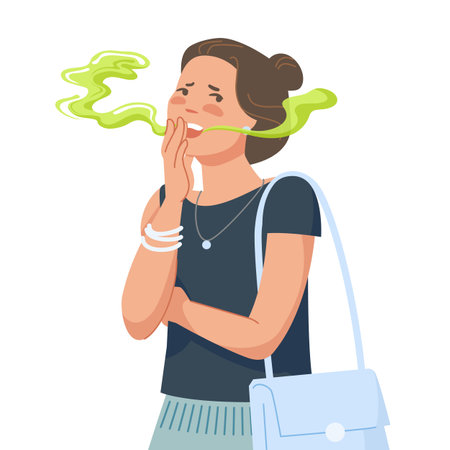 Woman bad breathing. Teenager asian girl with disgusted breath from mouth, bacteria halitosis disease or dental tooth trouble, smelly odor stink in conversation vector illustrationのイラスト素材