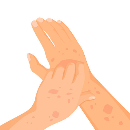 Rash skin on hand. Rashes itching hands scratch arm in red spot, dermatitis allergy symptoms itchy hives medicine pele virus eczema urticaria irritation disease vector illustrationのイラスト素材