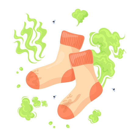 Smelly socks. Dirty stinky rotten sock from old foot shoes, sweaty used clothes with bad smell stink disgusting odor, worn garmentのイラスト素材