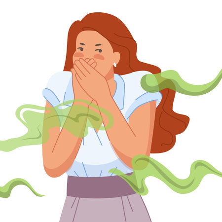 Woman bad smell. Girl cover nose and mouth from disgusted smelly odor, female disgust expression to unpleasant scent of fart stinky breath sweat or toxic smoke vector illustrationのイラスト素材