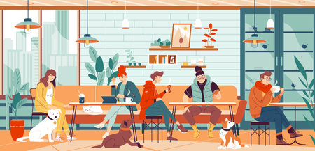 Pet friendly restaurant. Pets owners waiting friends in pet-friendly cafe, people with puppy dog or cat lunch meeting drinking coffee, animals lifestyle garish vector illustrationのイラスト素材