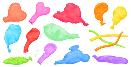 Deflated balloons. Different empty balloon, cartoon rubber uninflated baloon of various shapes funny latex inflated air ball decorative baloon for birthday neat vector illustrationのイラスト素材