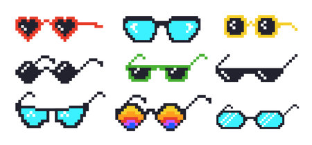 Pixel glasses. Cartoon 8 bit sunglasses, thug life mafia meme prank funny black hipster eyeglasses for gangster rapper or boss, game eyewear joke emoticon, neat vector illustrationのイラスト素材