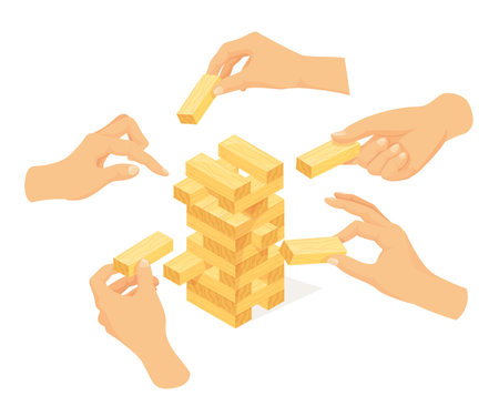 Hands playing tower balance. block game concept, hand stacking wooden brick or wood block of toy towers building construction on table, puzzle risk games neat vector illustrationのイラスト素材
