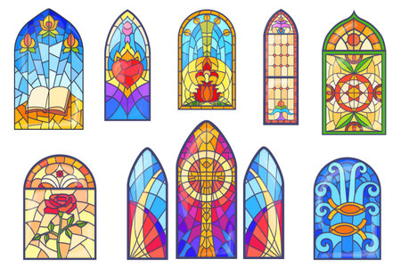 Church stained glass. Stain glasses window of gothic temple or europe cathedral, arc mosaic painted windows with cross roses heartのイラスト素材