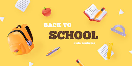 3d school stationery banner. Render flying colorful items of students equipment education tools backpack supplies for marketing sale academic knowledge back vector illustrationのイラスト素材