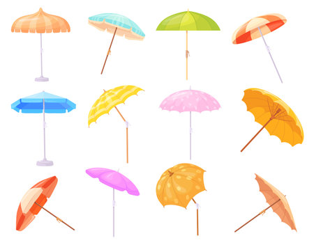 Cartoon beach sunshades. Striped sun umbrella and summer parasol for pool, garden or sea summertime tourism, sunlight protect in shadow, red umbrellas neat vector illustrationのイラスト素材