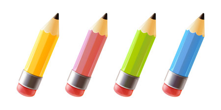 Render pencils. 3d color isolated writing pencil with eraser and sharp graphite for drawing idea art writer tool, school stationery yellow instrument exact vector illustrationのイラスト素材