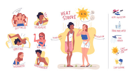 Heat stroke infographic. Sunstroke symptoms heatstroke concept, headache dehydration red skin sun burn, suffers woman and man in summer hotのイラスト素材