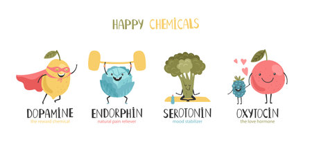 Oxytocin, serotonin, endorphin, dopamine. Hormones colorful vector illustration. Mood stabilizer, love hormone, reward chemical, pain reliever. Hormone health iconのイラスト素材