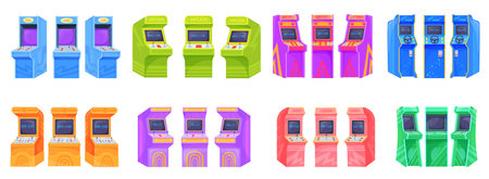 Game cabinet. Cartoon arcade machines in angles perspective, gaming 80s entertainment retro...